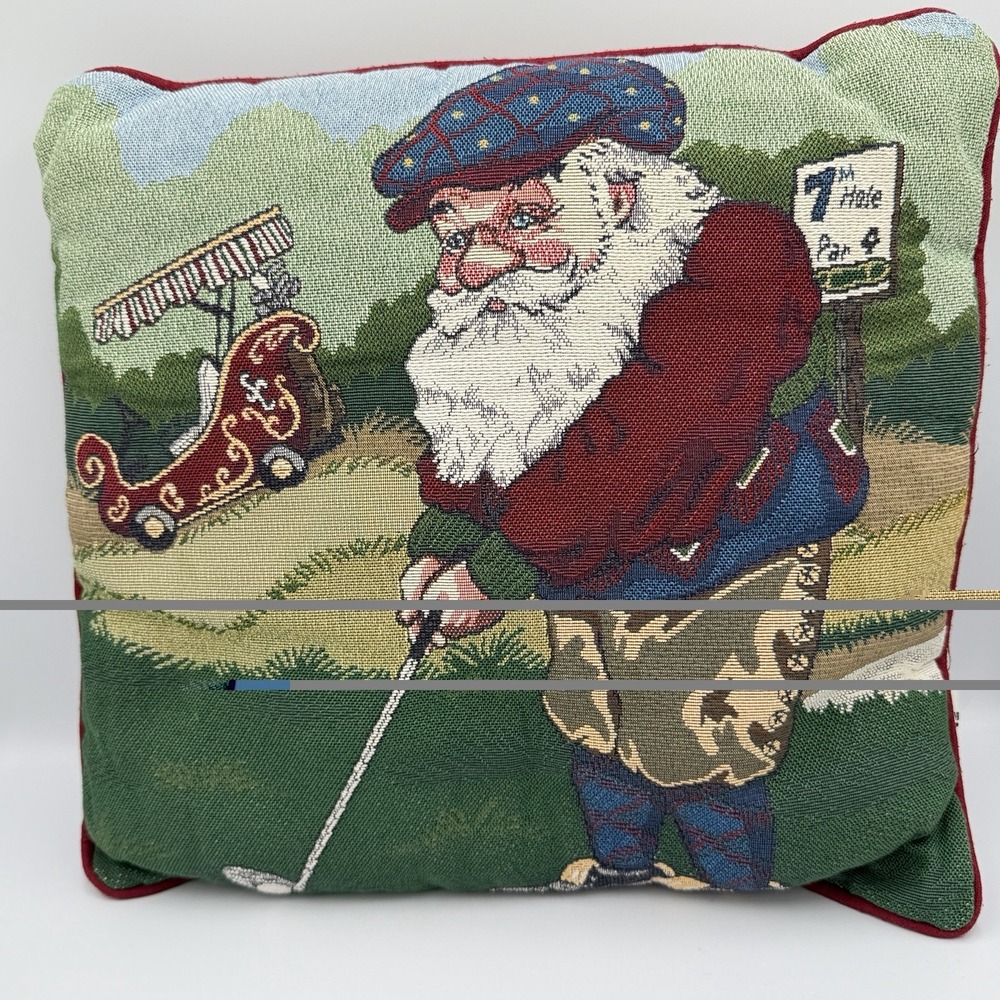 VTG Riverdale Santa Golfer Christmas Tapestry Pillow 15x15 Golf Holiday